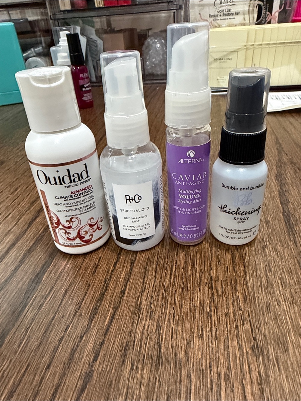 Ouidad hair Gel, R & Co dry shampoo mist, Caviar mist, BB thickening spray